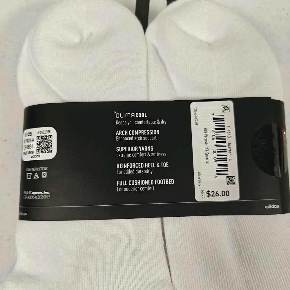 Adidas Mens Originals Quarter Ankle Soft Dry White Socks 6 Pairs Size Large 8-12